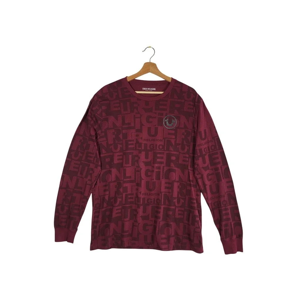True Religion Long Sleeve T-Shirt Mens XL Burgundy All Over Logo Print Tee Y2K